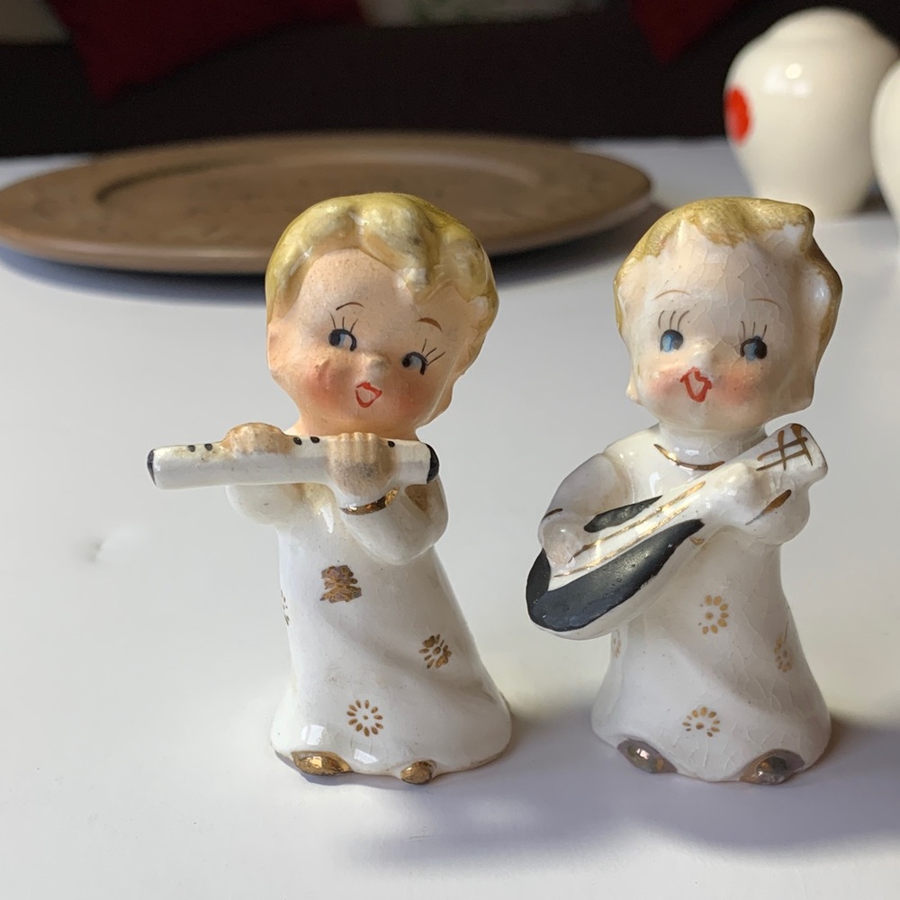 Vintage Mid-Century Ceramic Musician Pair - Cream & Gold Gilt - MCM Kitsch